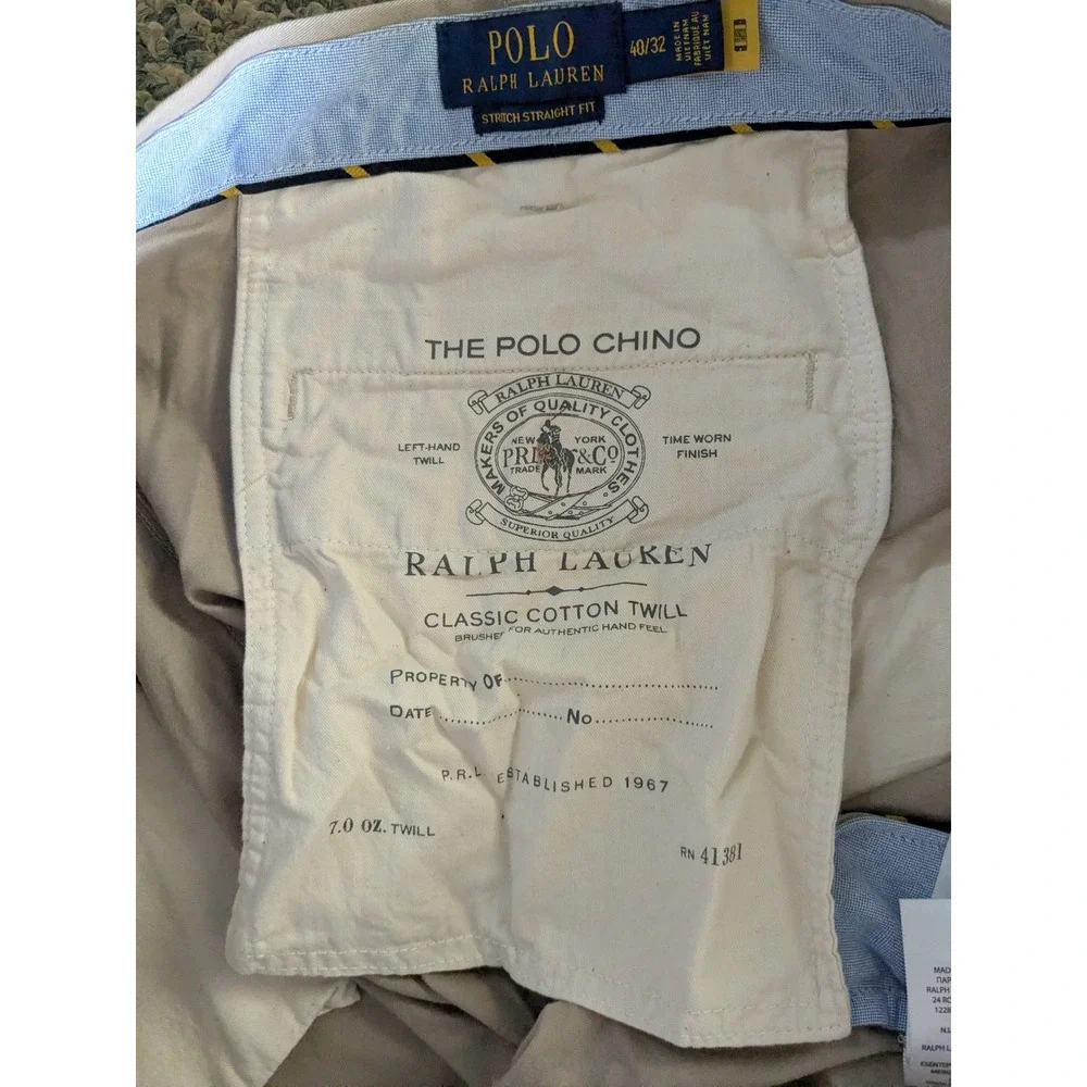 Polo Ralph Lauren Mens Stretch Straight Fit Chino Pants Tan Khaki 40x32 Cotton